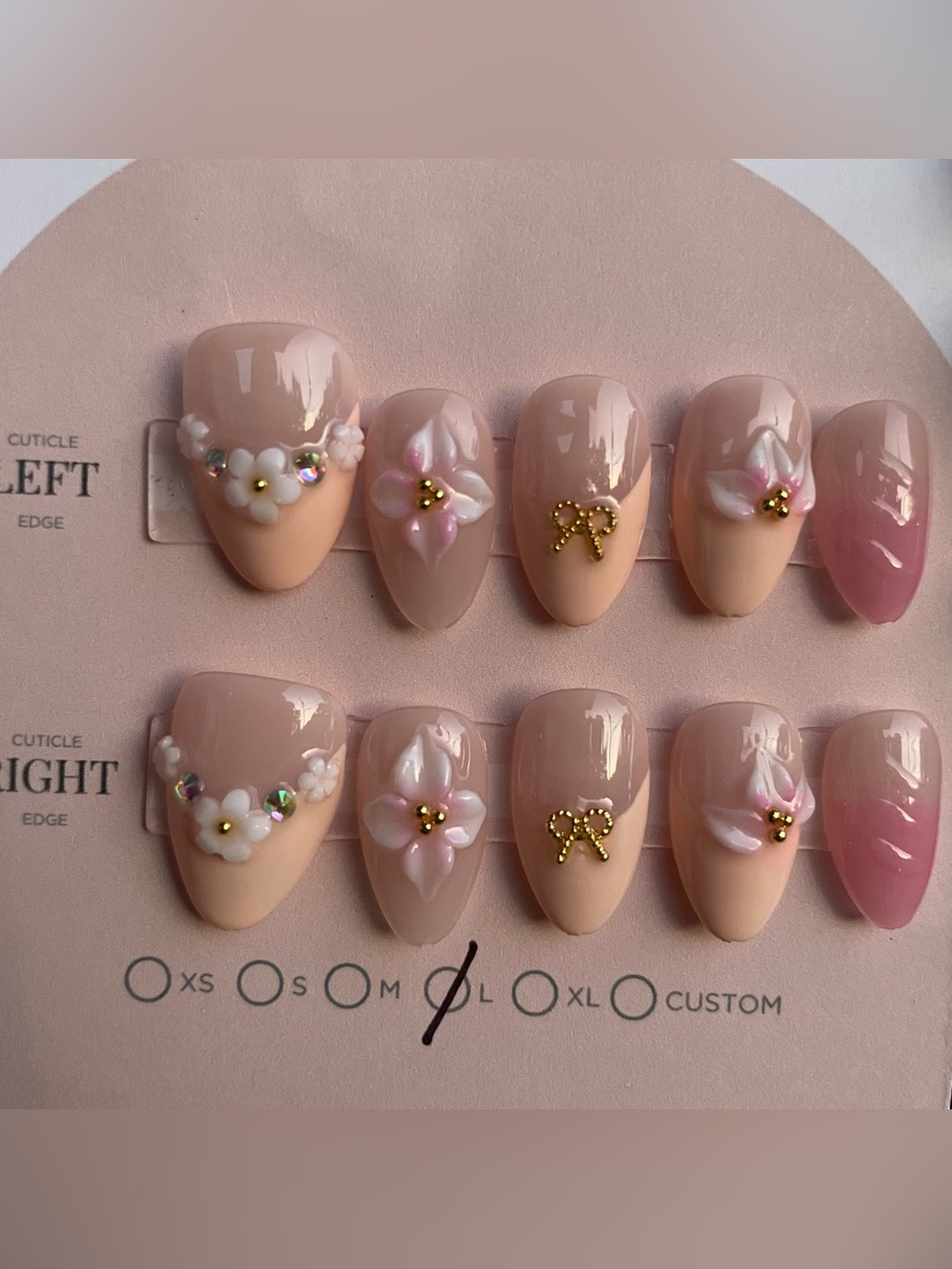 NEW Glossy 3D Floral Press On Nails | Nude Pink Bow Short Almond Coquette Size L